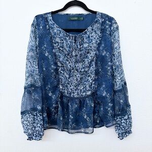 Lauren Ralph Lauren Women's Blue Floral Georgette Peplum Top Size Small